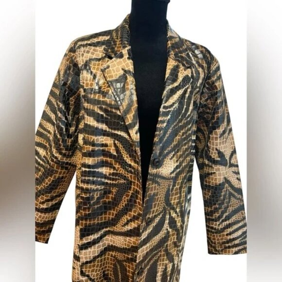 VINTAGE SELENE SPORT Faux Leather Animal Print Crocodile Textured Trench Coat - Picture 7 of 12